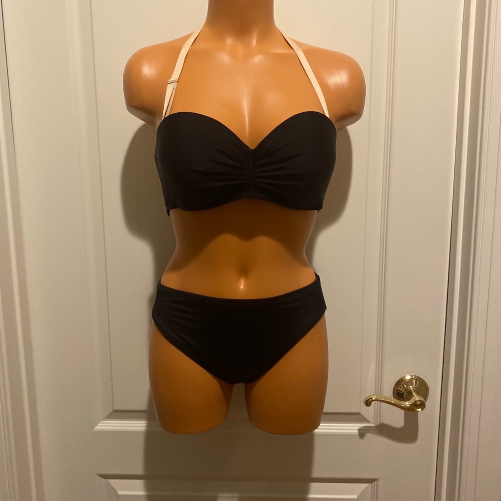 PERRY ELLIS Bikini Swim Suit Black Bandeau Strappy Back XS Extra Small EUC